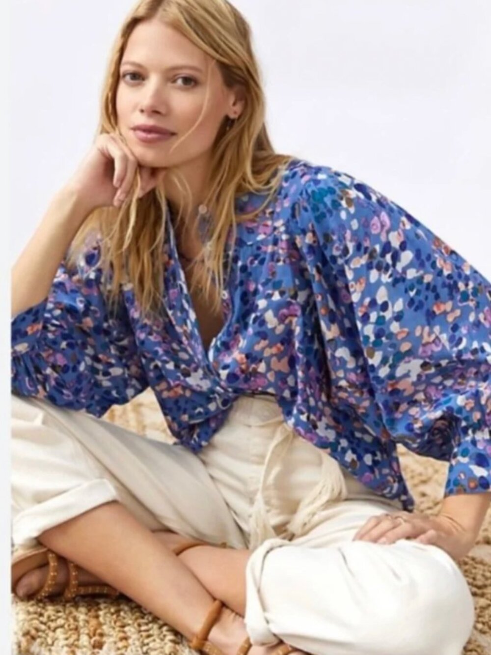 Anthropologie Maeve Puff Sleeve Cropped Blouse Patterned - M Petite